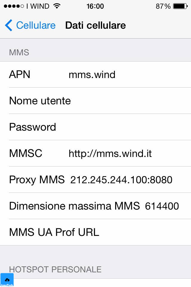 Configurare Hotspot personale Wind su iPhone