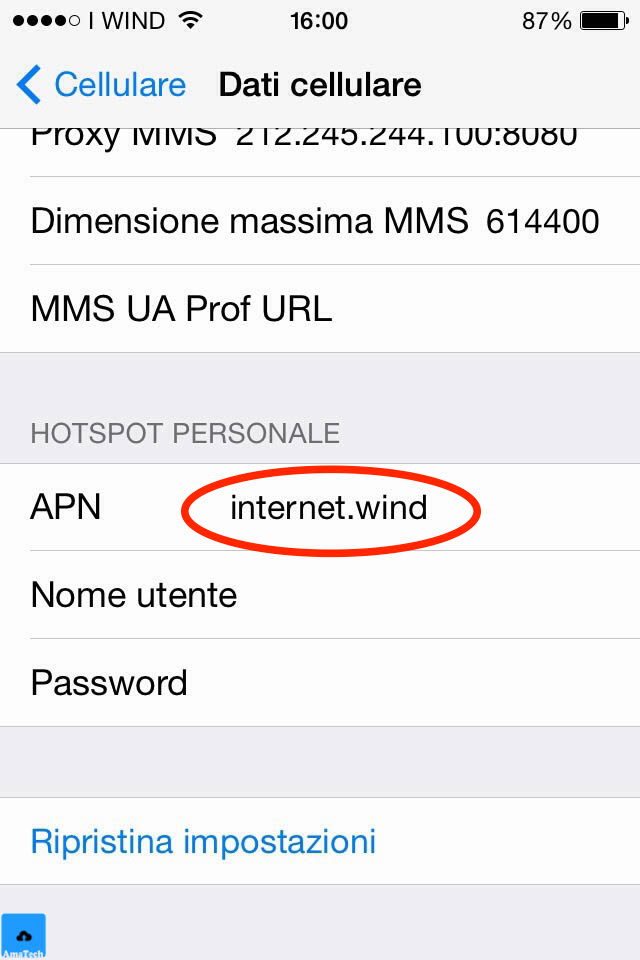 configurare parametri internet wind iPhone